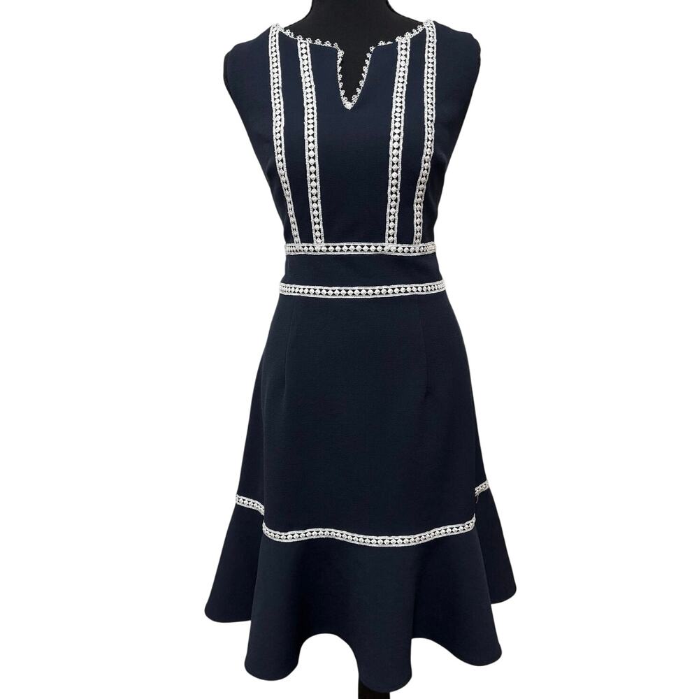 Nanette Lepore Womens 8 Navy Fit Flare Dress White Embroidered Trim Sleeveless